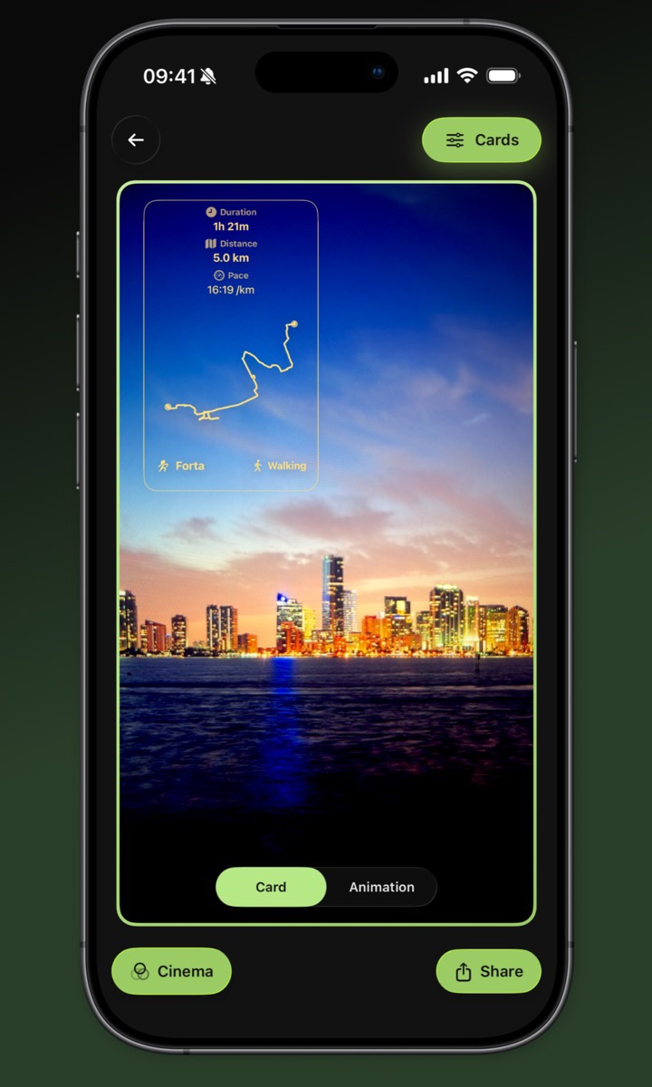 Forta's card editor showing a walking route card over a city skyline photo, with Card, Animation and Share buttons