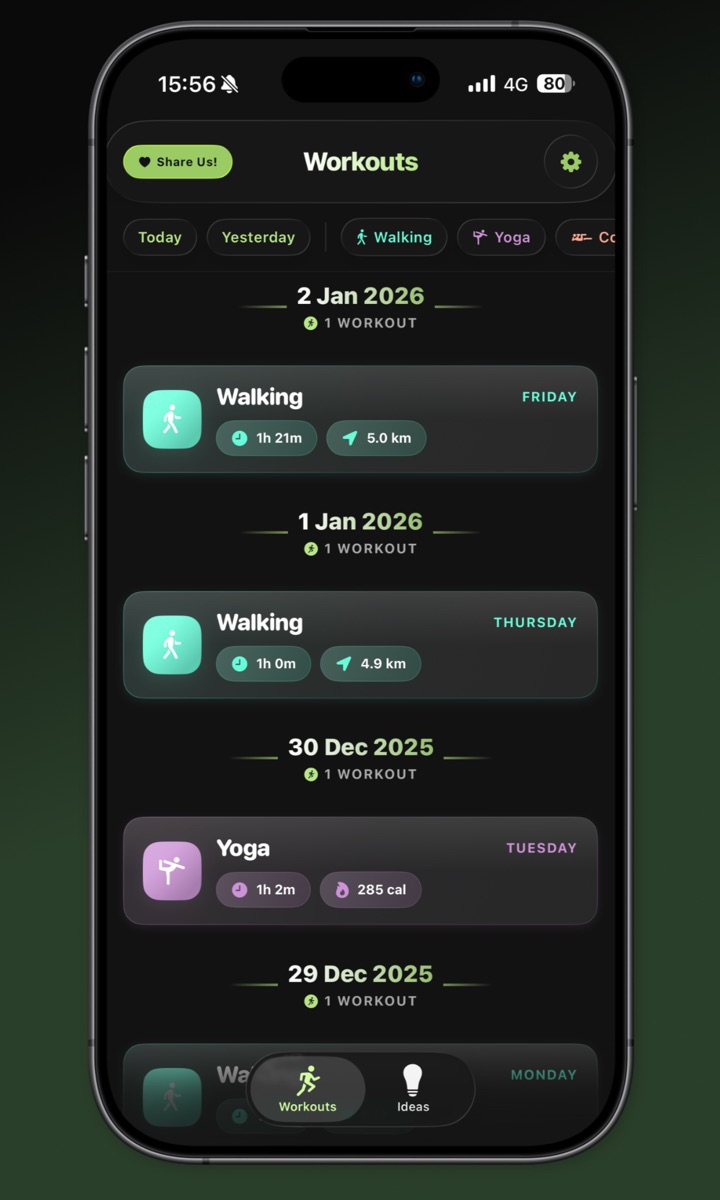 Forta's Workouts list on iPhone, showing walking and yoga workouts from Apple Health